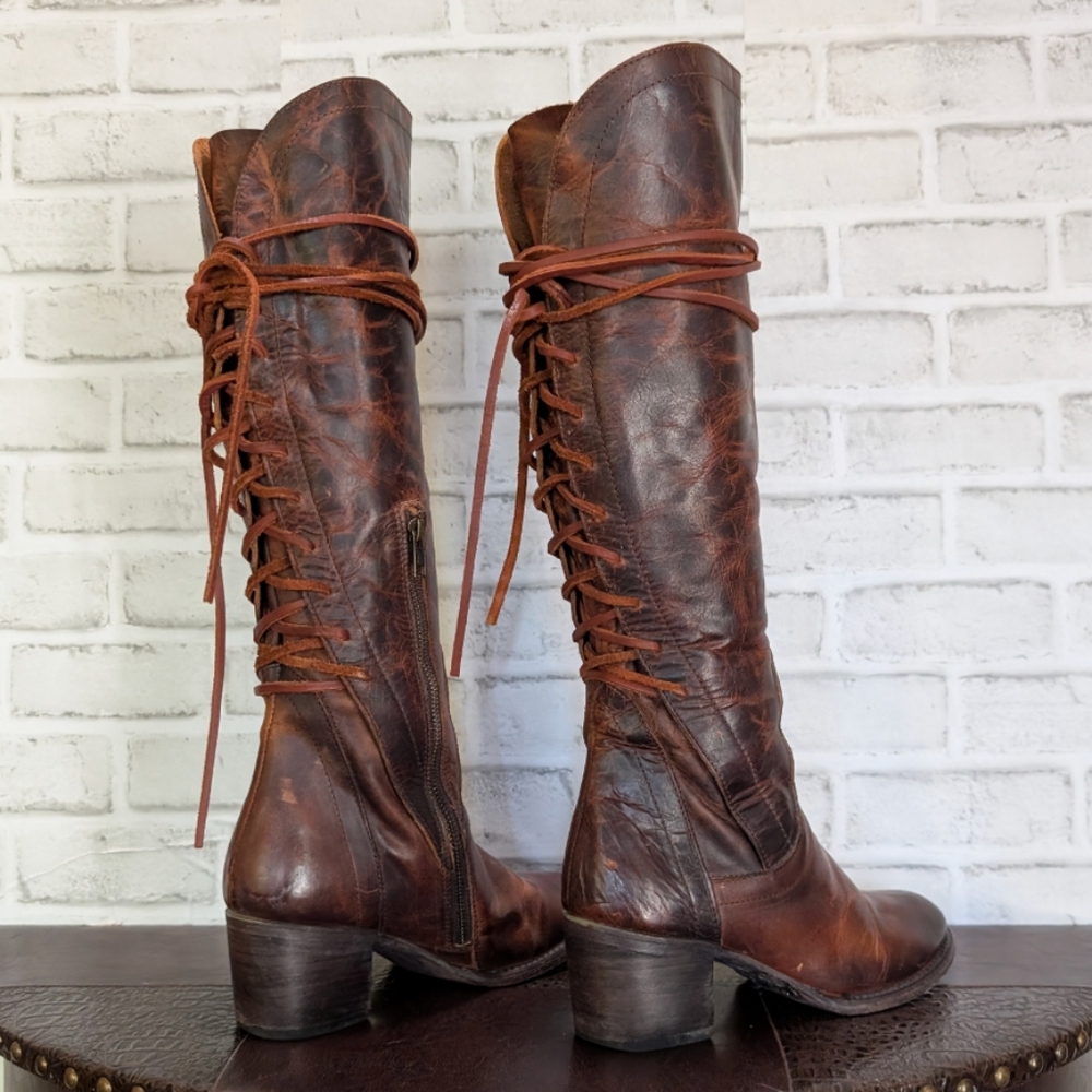 FreeBird By Steven COSMO Cognac Distressed Leather Back Lace Up Corset Boots 9 - Picture 8 of 13